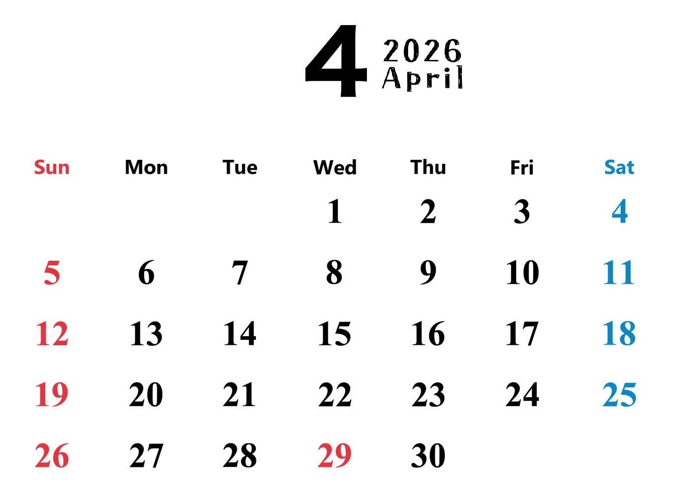 2026年4月カレンダー