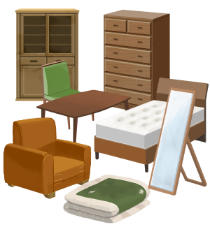 左から食器棚、衣類タンス、中央ダイニングテーブル、椅子、ベッド、ソファ、布団、姿見